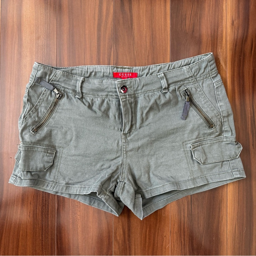 GUESS Olive Green Cargo Shorties with Zip & Flap Pockets
